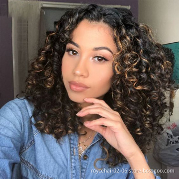 Crochet Braid Hair Wig 100% Peruvian Raw Human Hair P4/27 Short Bouncy Curly Transparent 13x1 Swiss Lace Front Wig For Women